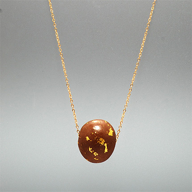 Chocolate and gold leaf ball on chain necklace IIHIH